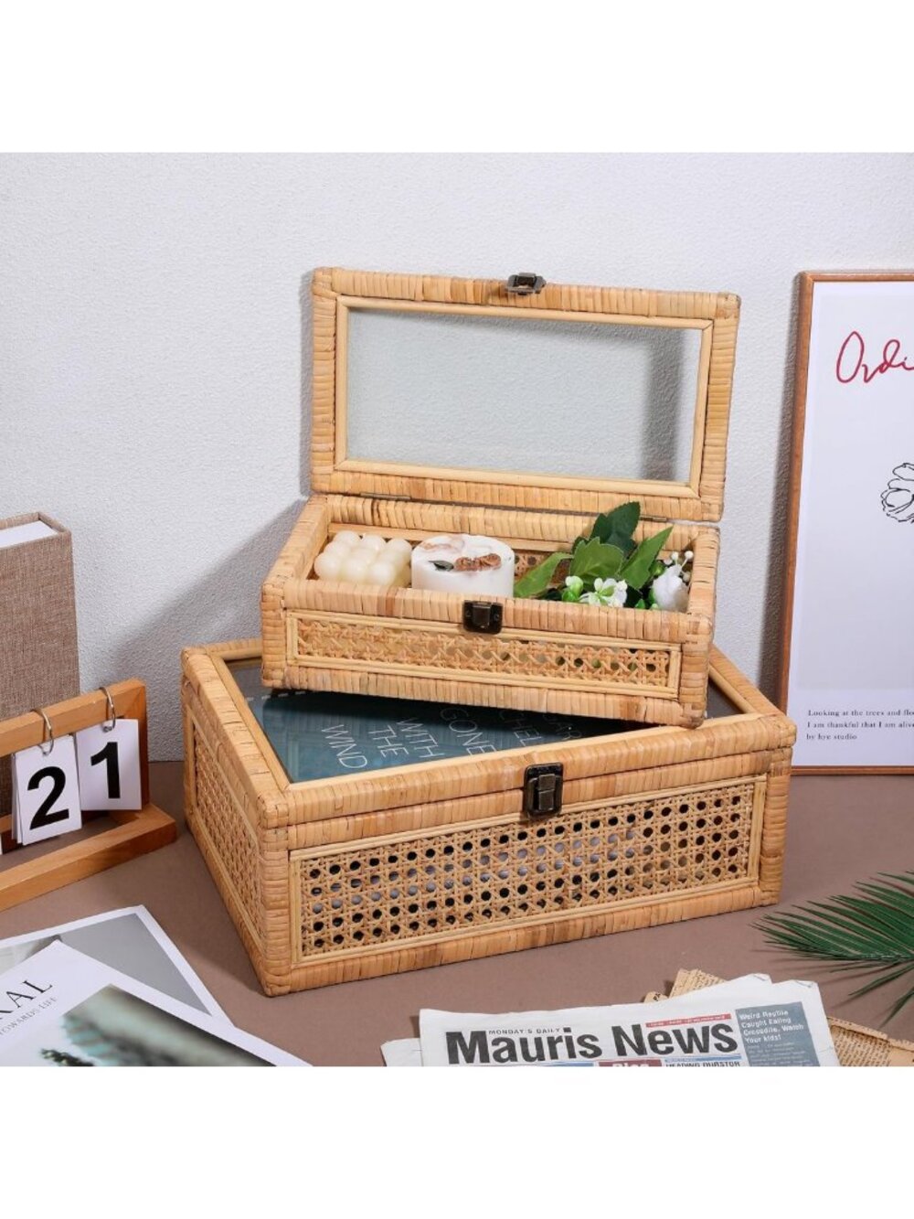Large Woven Rattan Decorative Box Set with Lid - Rectangular Glass Display - Picture 3 of 7